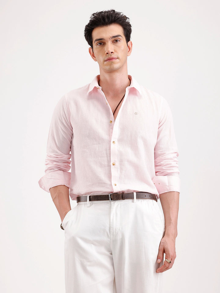 Solid Slim Fit Linen Blend Shirt  | Pink