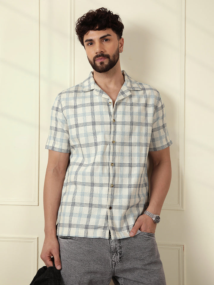 Checked Short Sleeve Textured Shirt | Beige