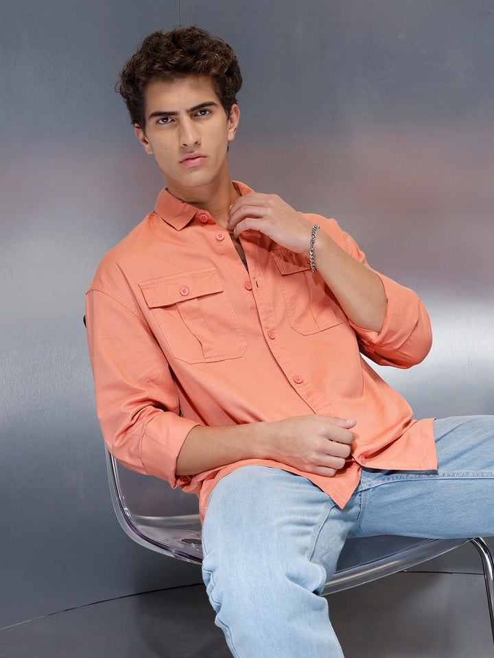 Men's oversize dual pocket shirt  | Peach