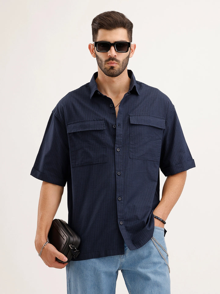 Oversized Linen Blend Striped Shirt | Navy