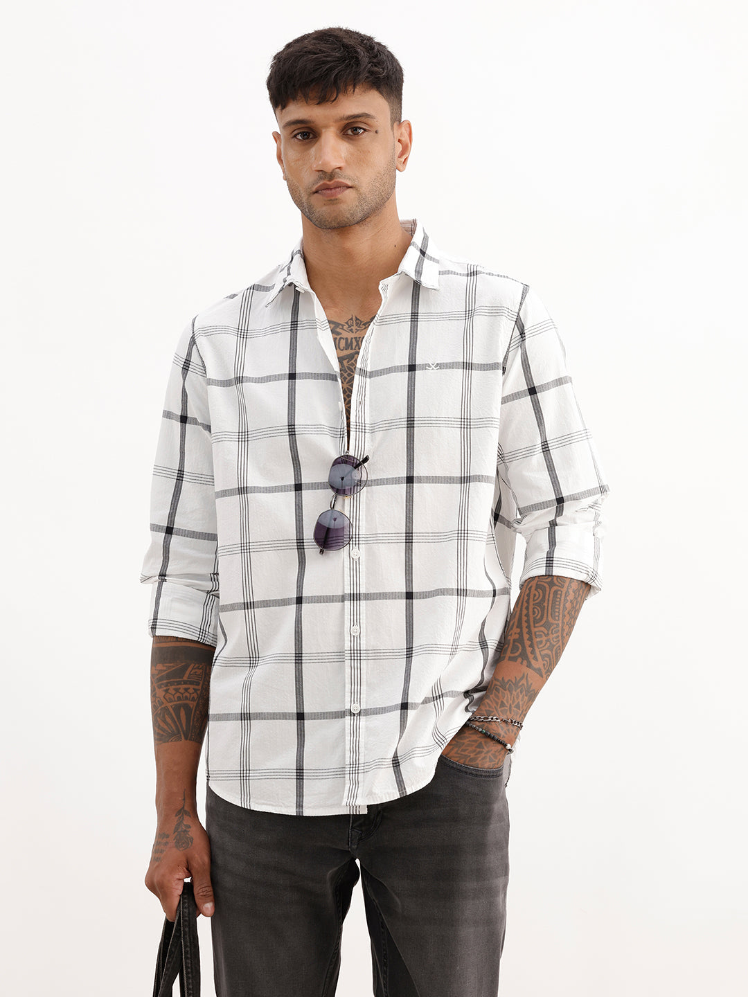 Textured Slim Fit Checkered Shirt | White