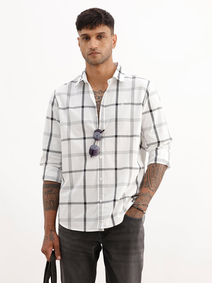 Textured Slim Fit Checkered Shirt | White