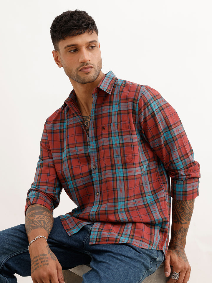 Regular Fit Full Sleeve Checkered Shirt | Brown