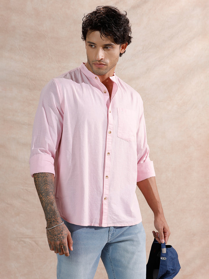 Mandarin Collar Regular Fit Shirt | Pink