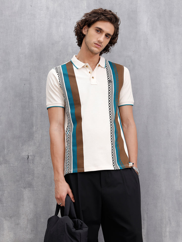 Cross-Stitch Inspired Printed Striped Slim Fit Shirt | Beige