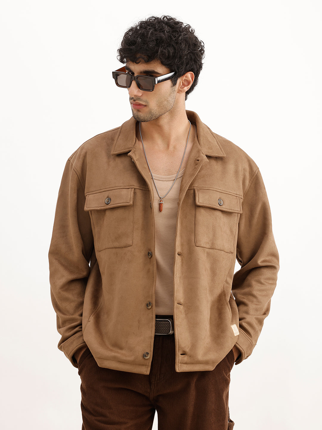 Solid Comfort Fit Double Pocket Jacket | Brown