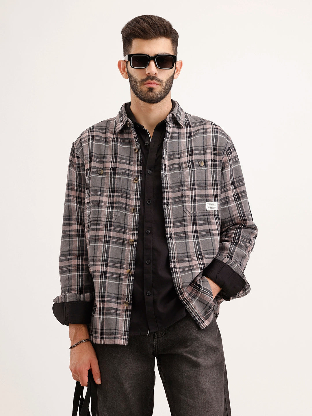 Textured Comfort Fit Double Pocket Checkered Shirt | Grey