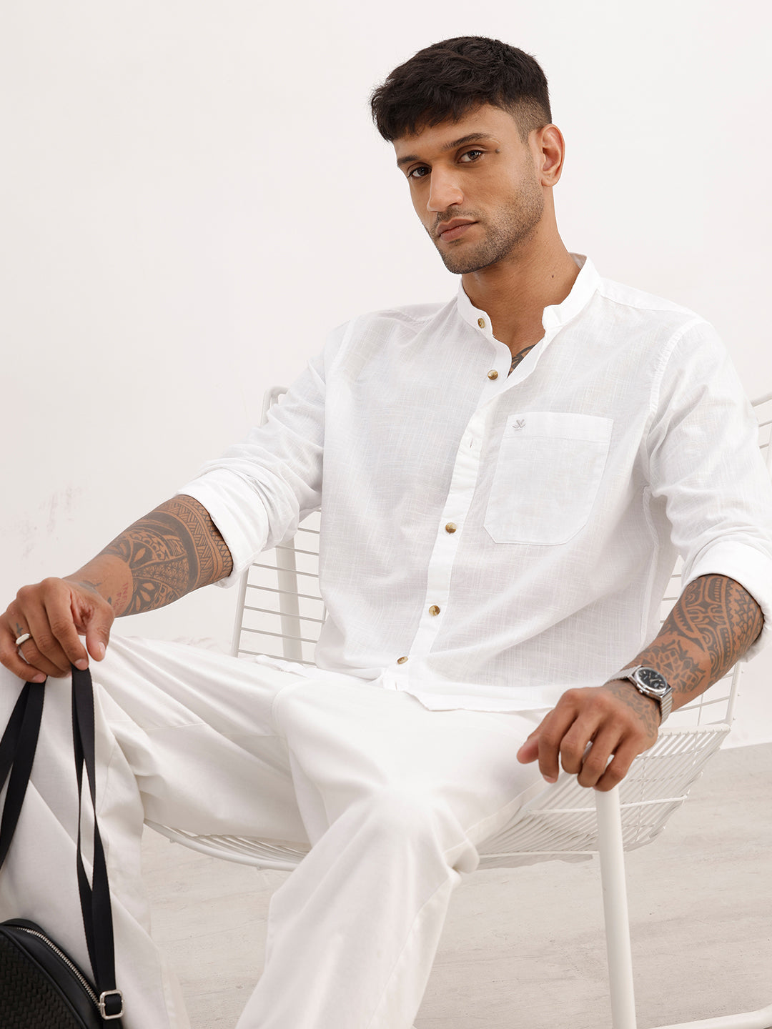 Solid Regular Fit Mandrin Collar Shirt | White