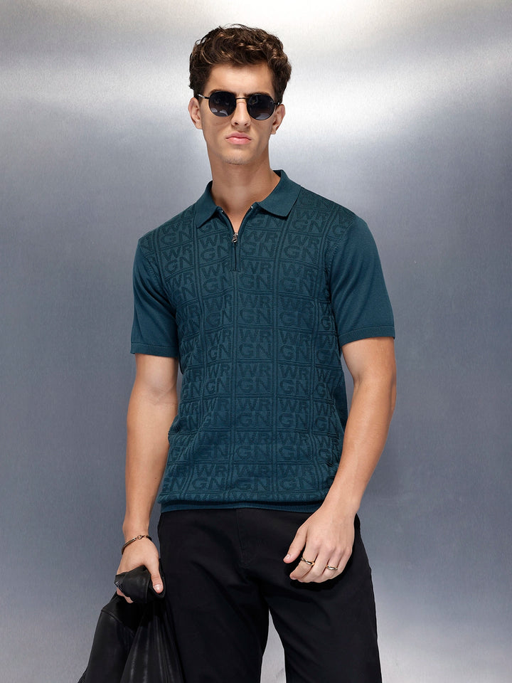 Men’s textured jacquard polo Tshirt | Teal