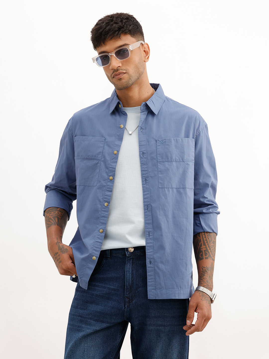 Solid Comfort Fit Double Pocket Shirt | Blue