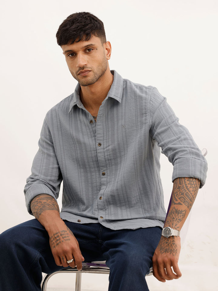 Slim Fit Textured Striped Full Sleeve Shirt | Grey