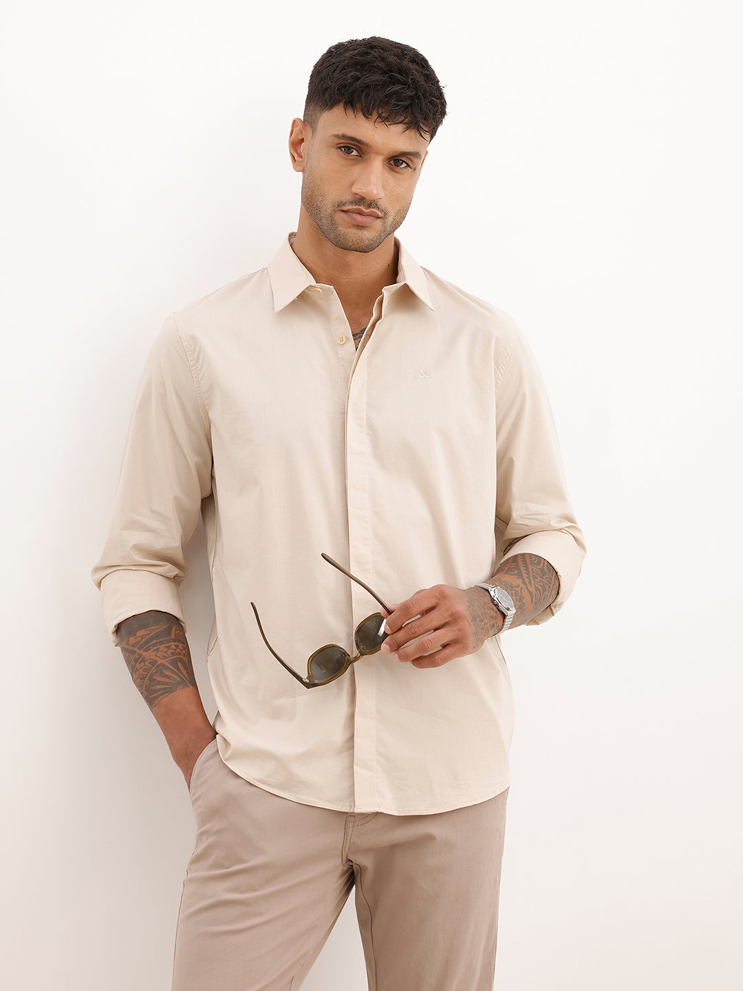 Solid Slim Fit Double Pocket Shirt | Beige | WSH01FSSL7082W