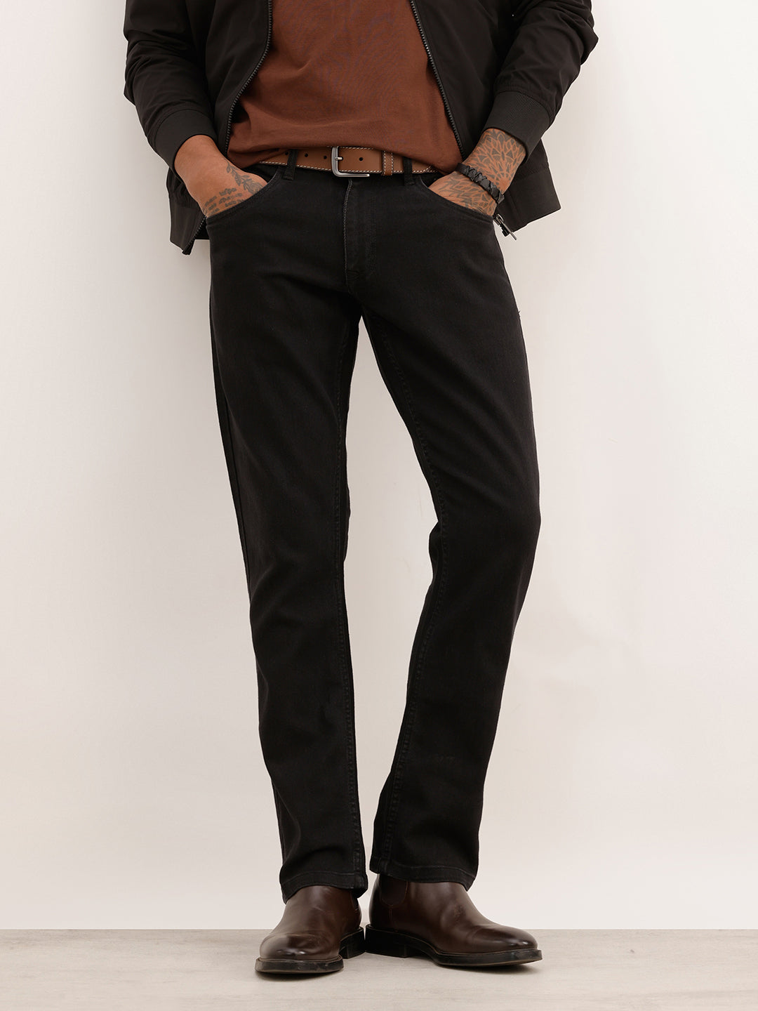Solid Straight Fit Denim Jeans | Black