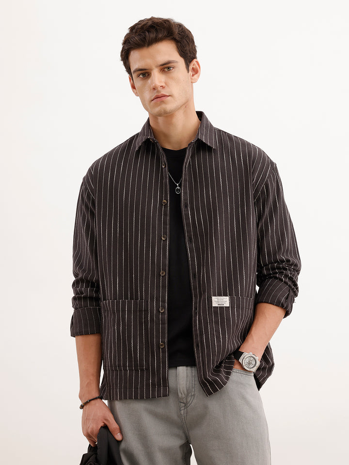 Oversized Fit Striped Double Pocket Shirt  | Black