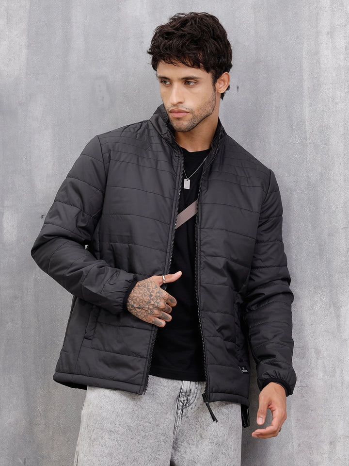 Casual Quilted Solid Bomber Jacket | Black