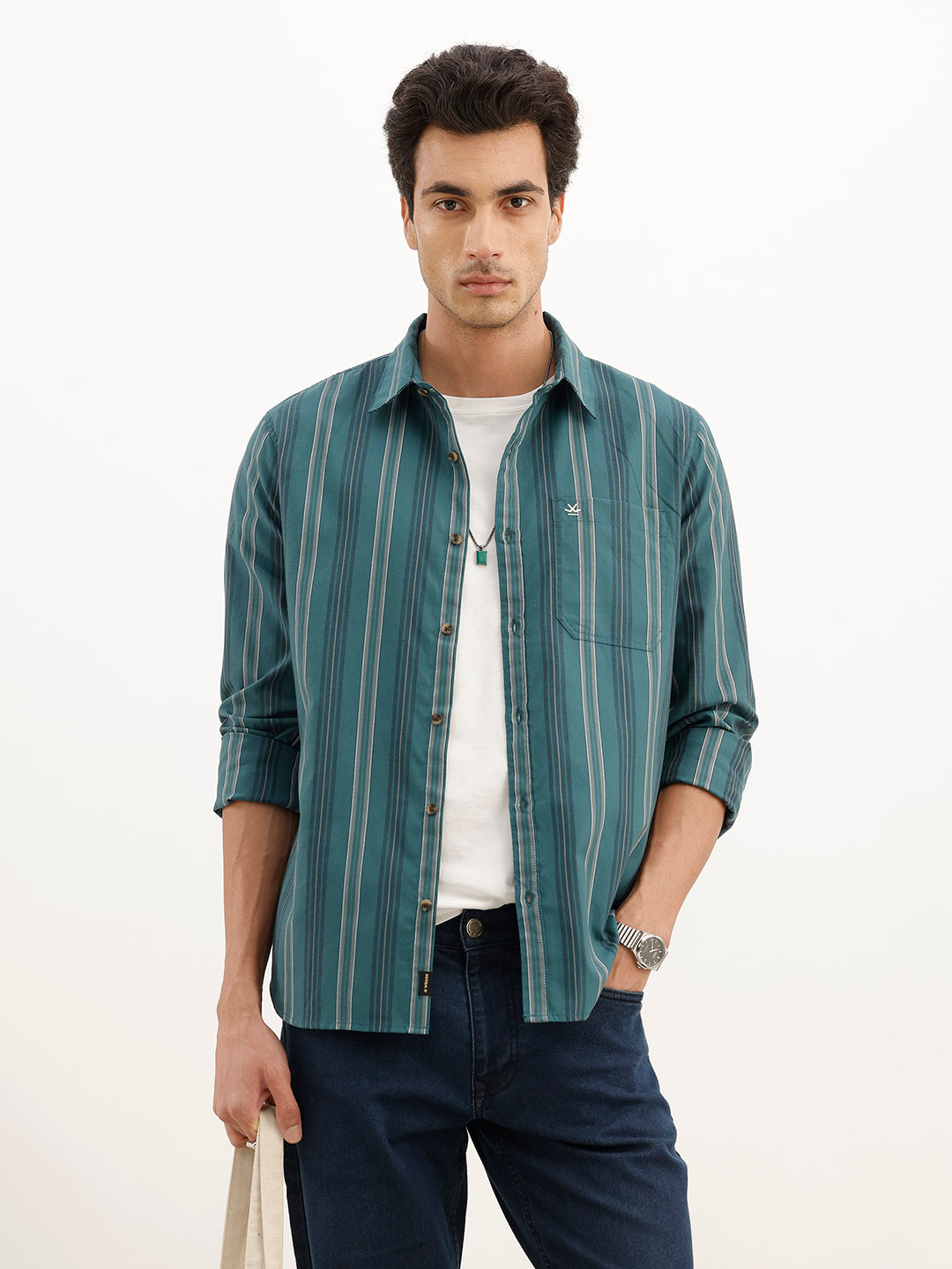 Regular Fit Full Sleeve Striped Shirt | Teal