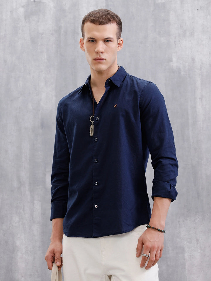 Solid Linen Blend Shirt  | Navy Blue