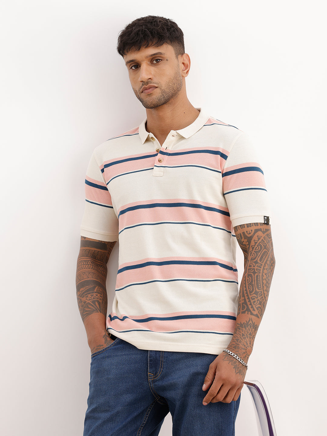 Slim Fit Striped Polo T-Shirt | Off White