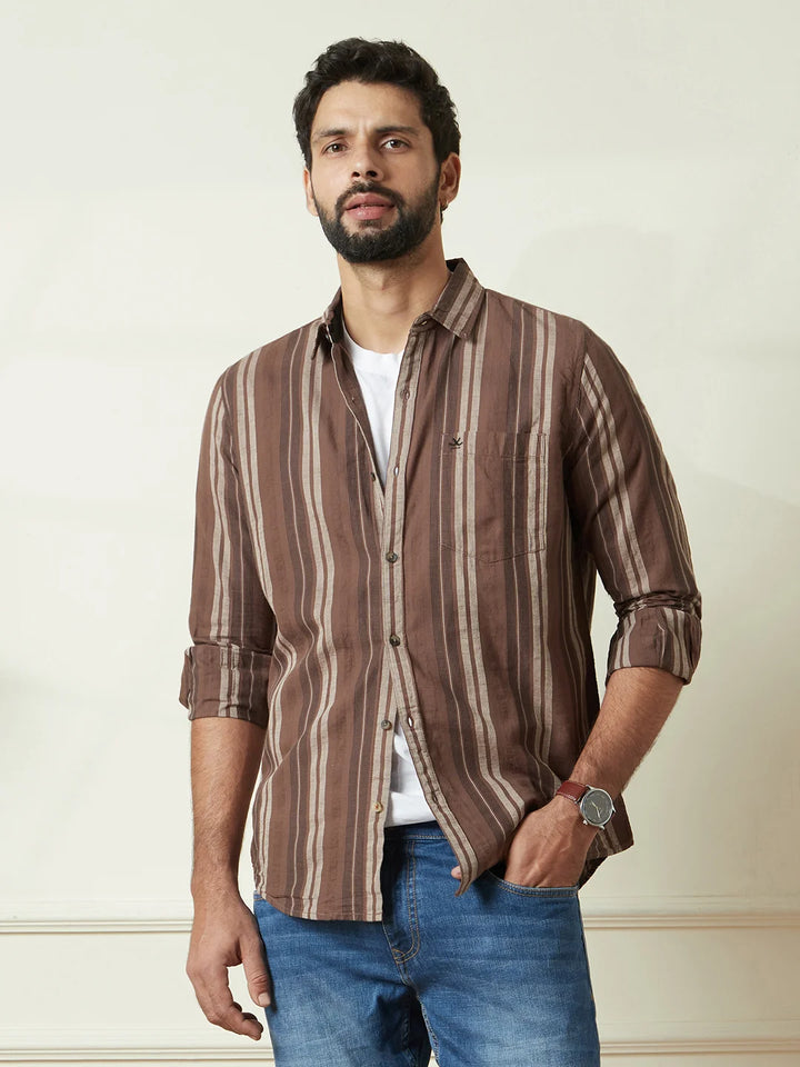 Striped Slim Fit Dobby Shirt | Brown