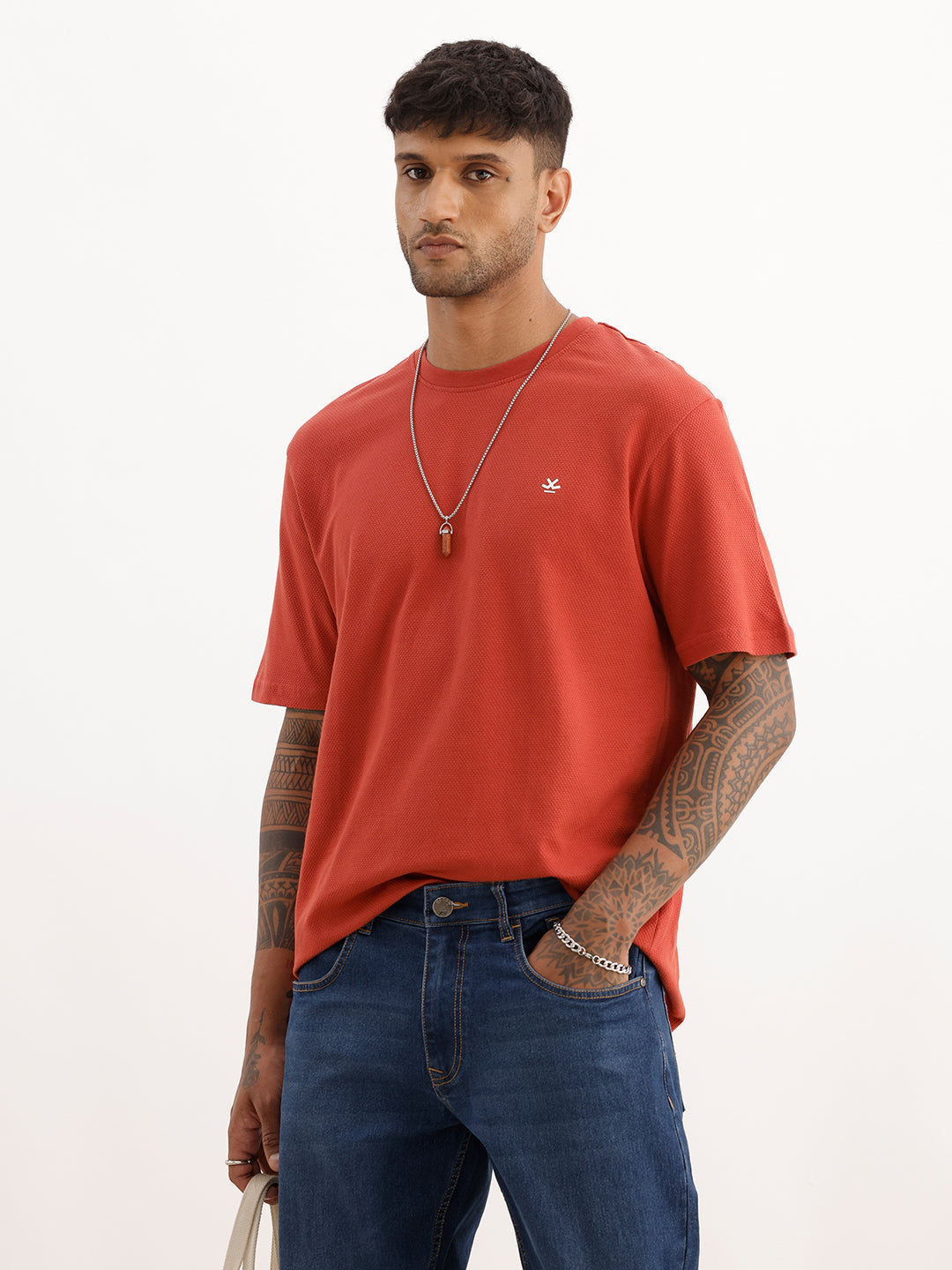 Solid Comfort Fit Textured T-Shirt | Rust