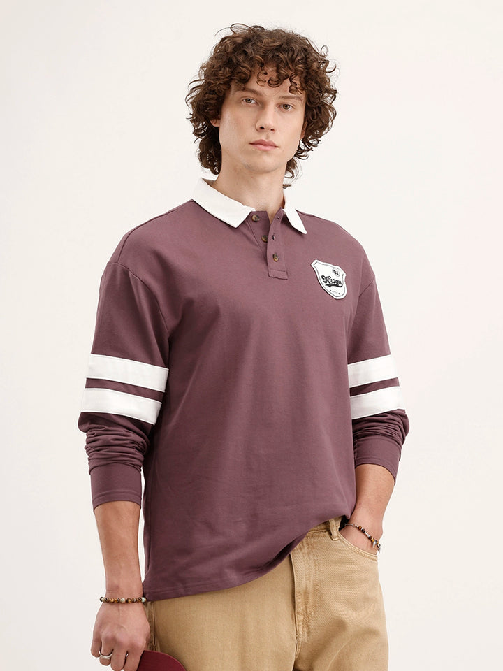 Oversized Patch Detailed Long Sleeve Polo T-Shirt | Purple