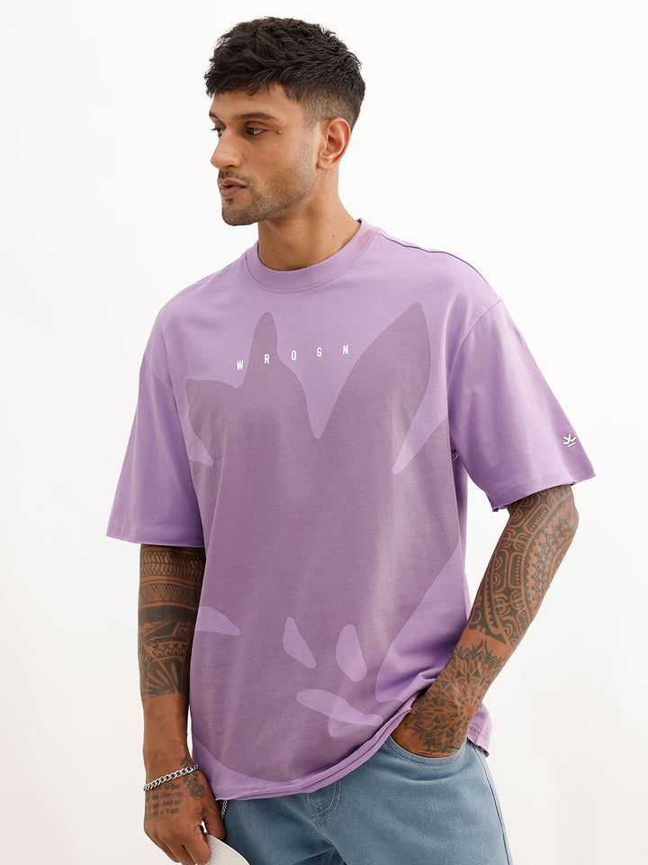 Oversized Placement Printed Raw Edge T-Shirt | Purple