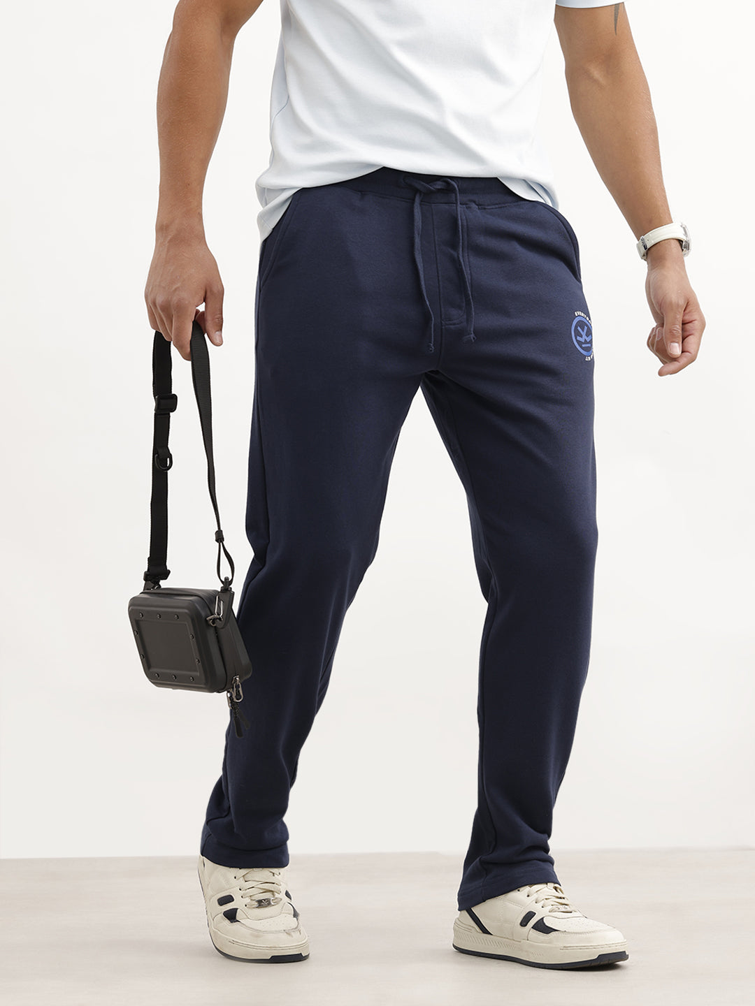 Solid Regular Fit Printed Jogger | Navy Blue