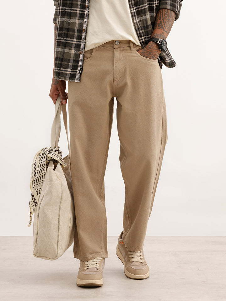 Solid Loose Fit Denim Jeans | Khaki