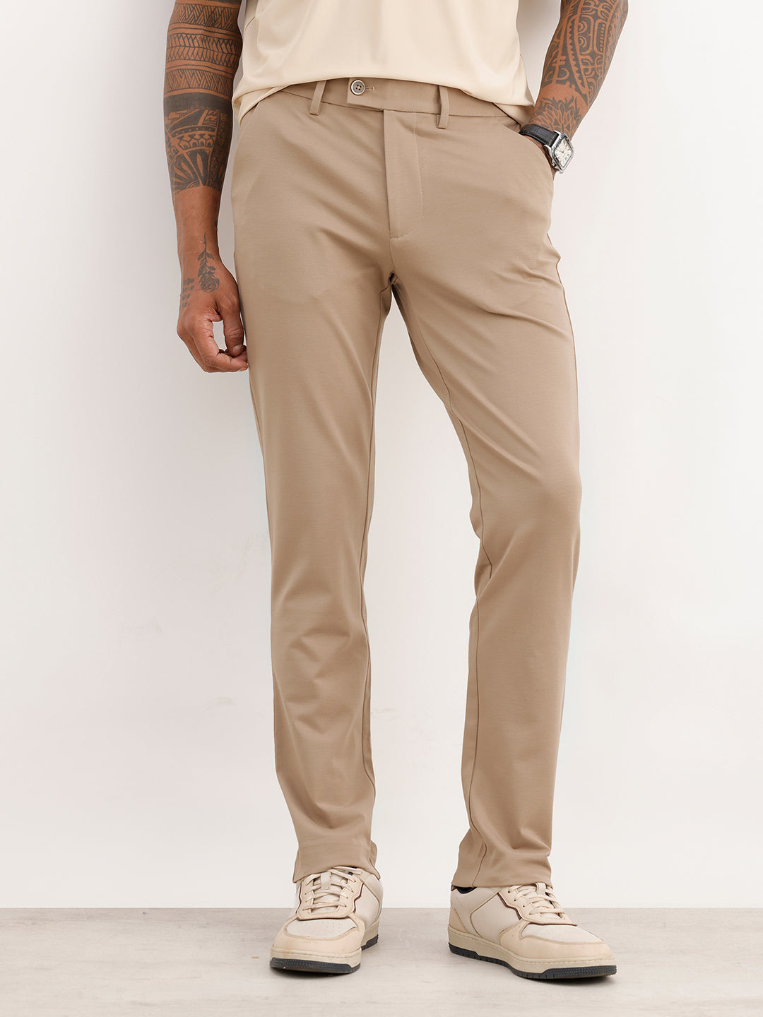 Solid Slim Fit Hyper-Flex Trouser | Brown