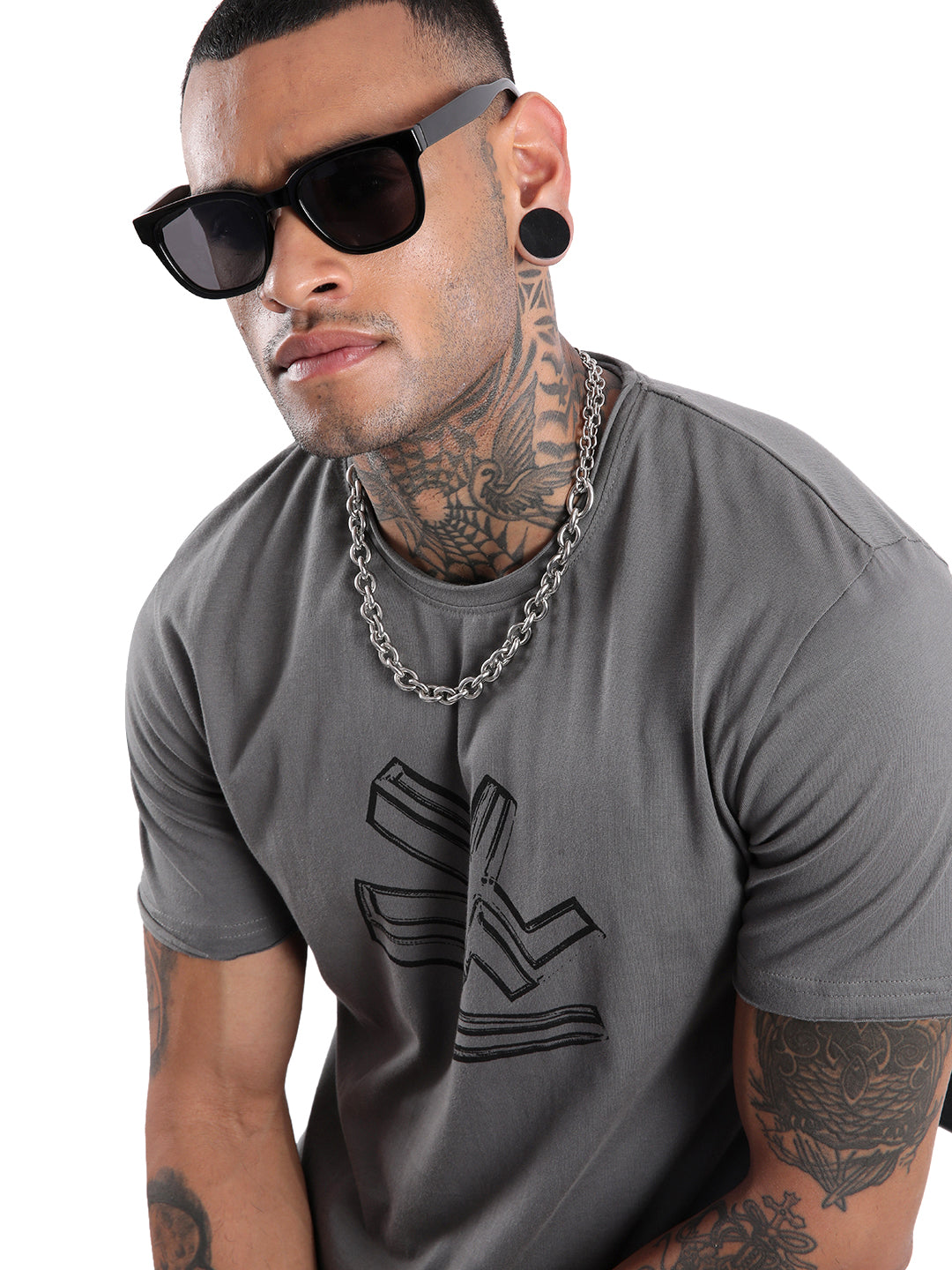 Charcoal Grey Chest Printed T-Shirt