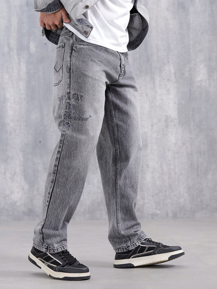 Men Casual Anti Fit Jeans With Embroidery  | Grey