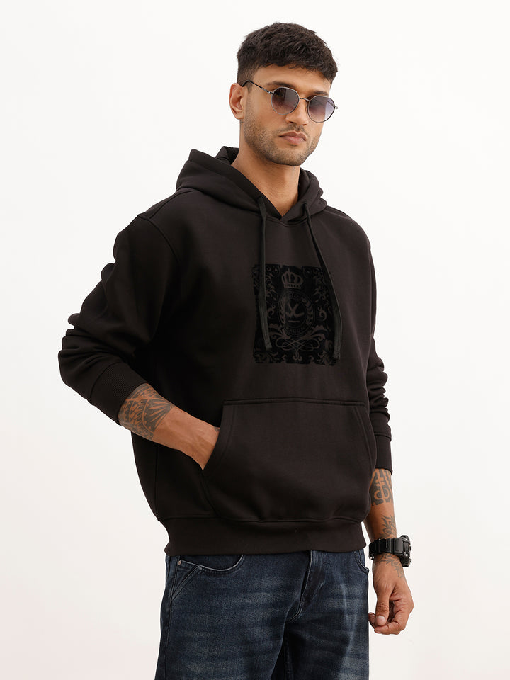 Solid Flock Printed Hoodie | Black