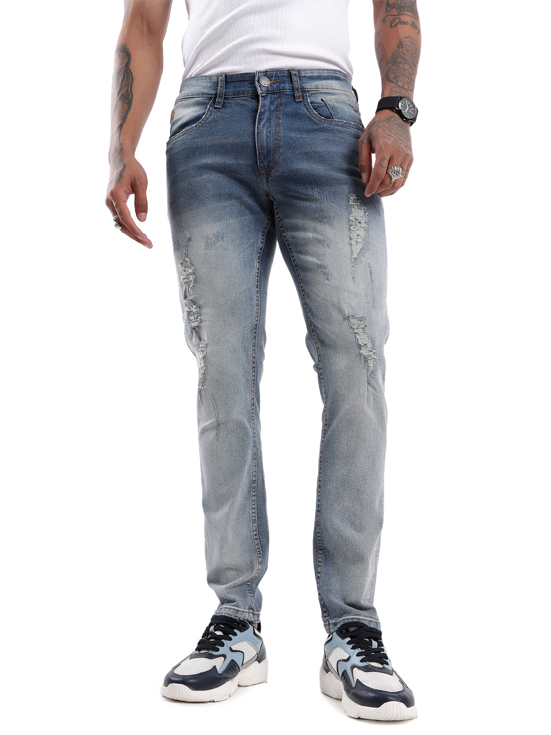 Heavy Distressed Medstone Denim Jeans