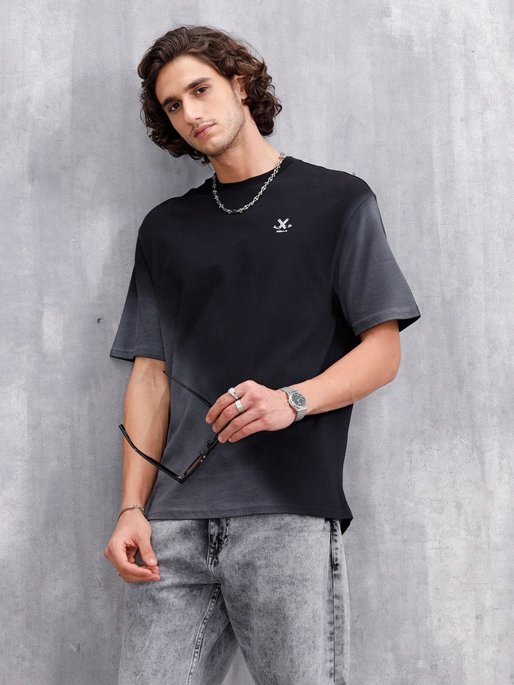Washed Oversized Crew Neck T-shirt With Print | Black
