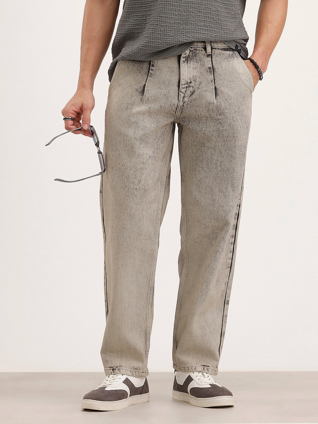 Loose Fit Pleated Denim Jeans | Grey