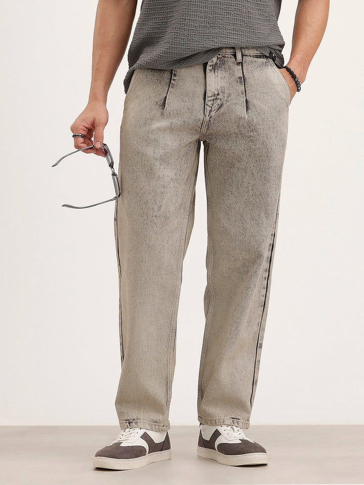 Loose Fit Pleated Denim Jeans | Grey