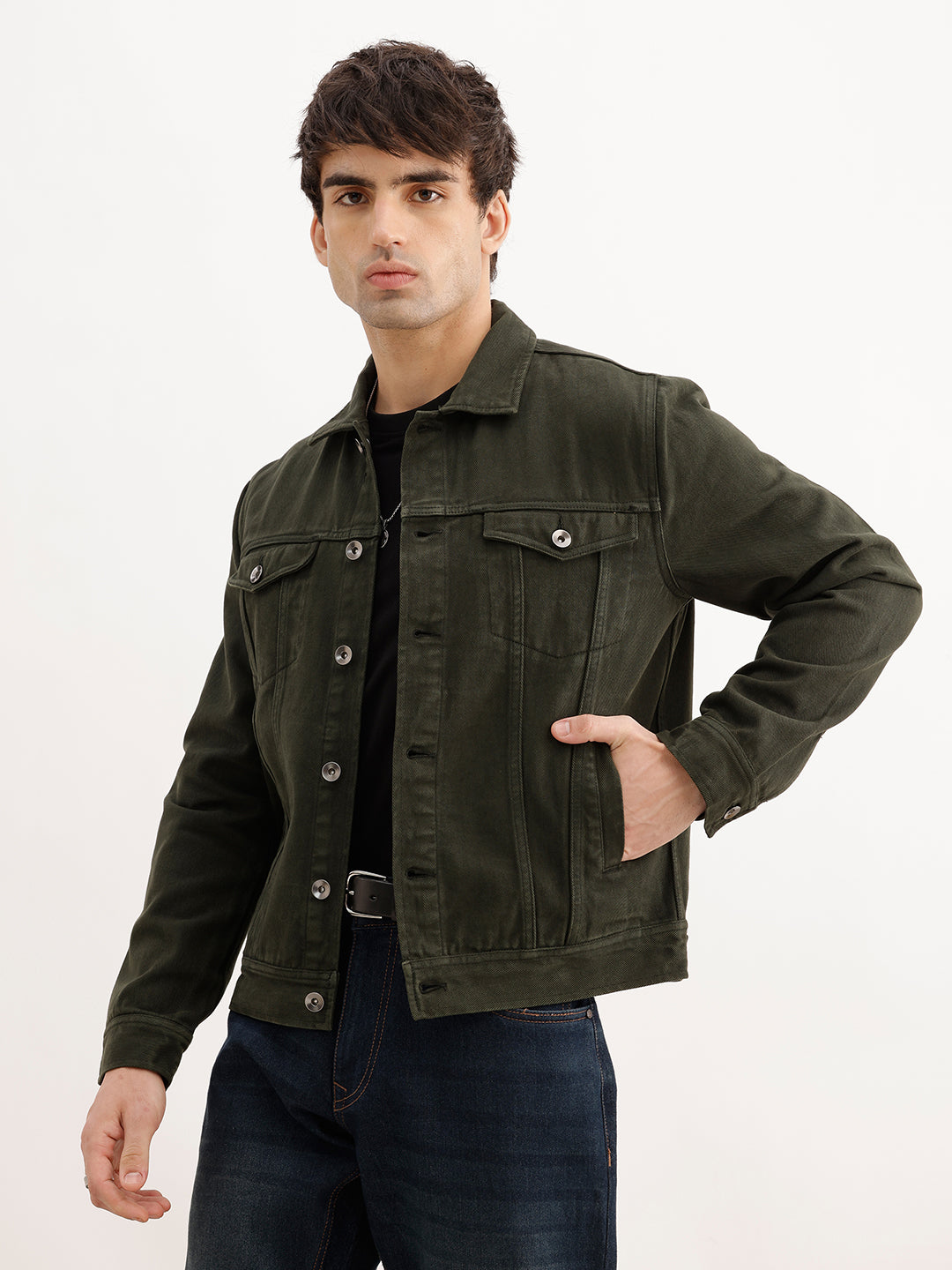 Slim Fit Solid Denim Jacket | Olive | WNJK6381/NS