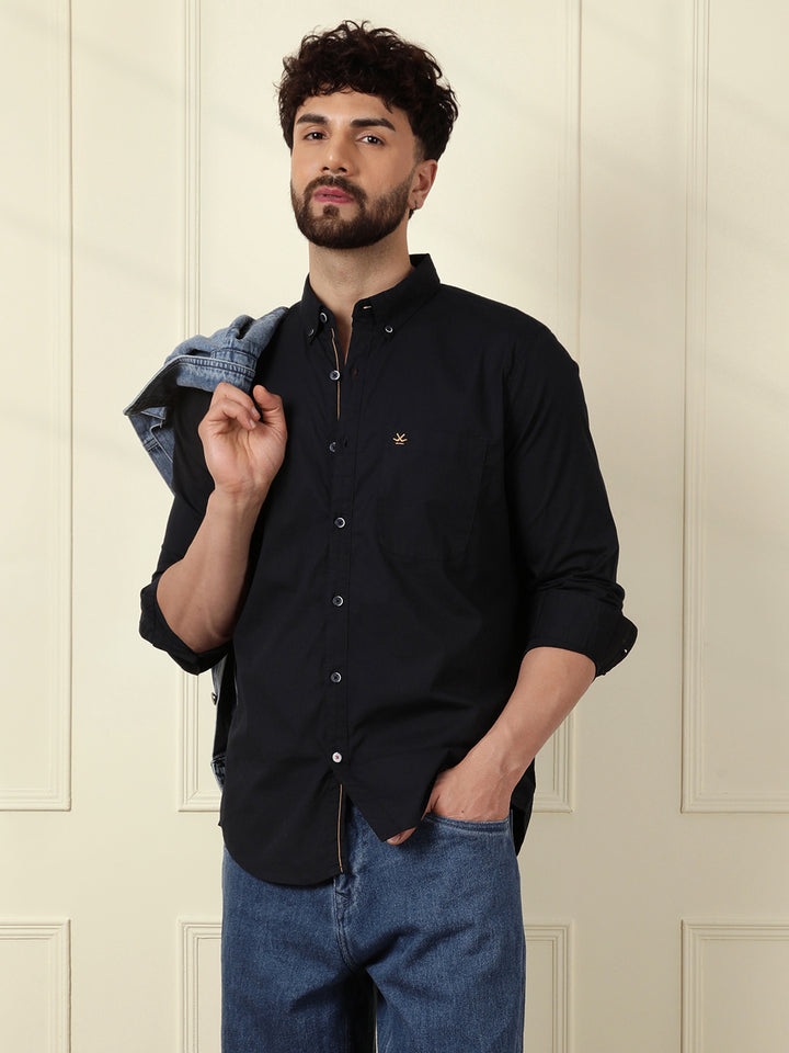 Solid Cotton Blend Stretch Shirt | Navy Blue