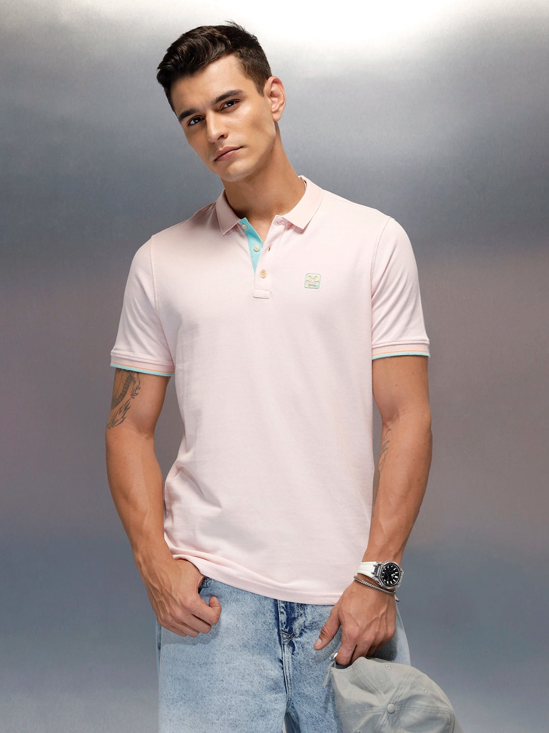 Men's casual slim fit polo t-shirt with contrast detail  | Pink