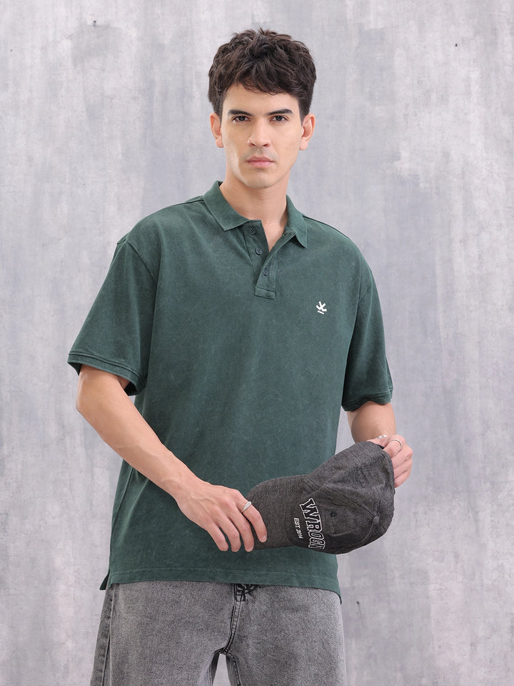 Washed Oversized Fit Back Printed Polo Collar T-shirt | Dark Green