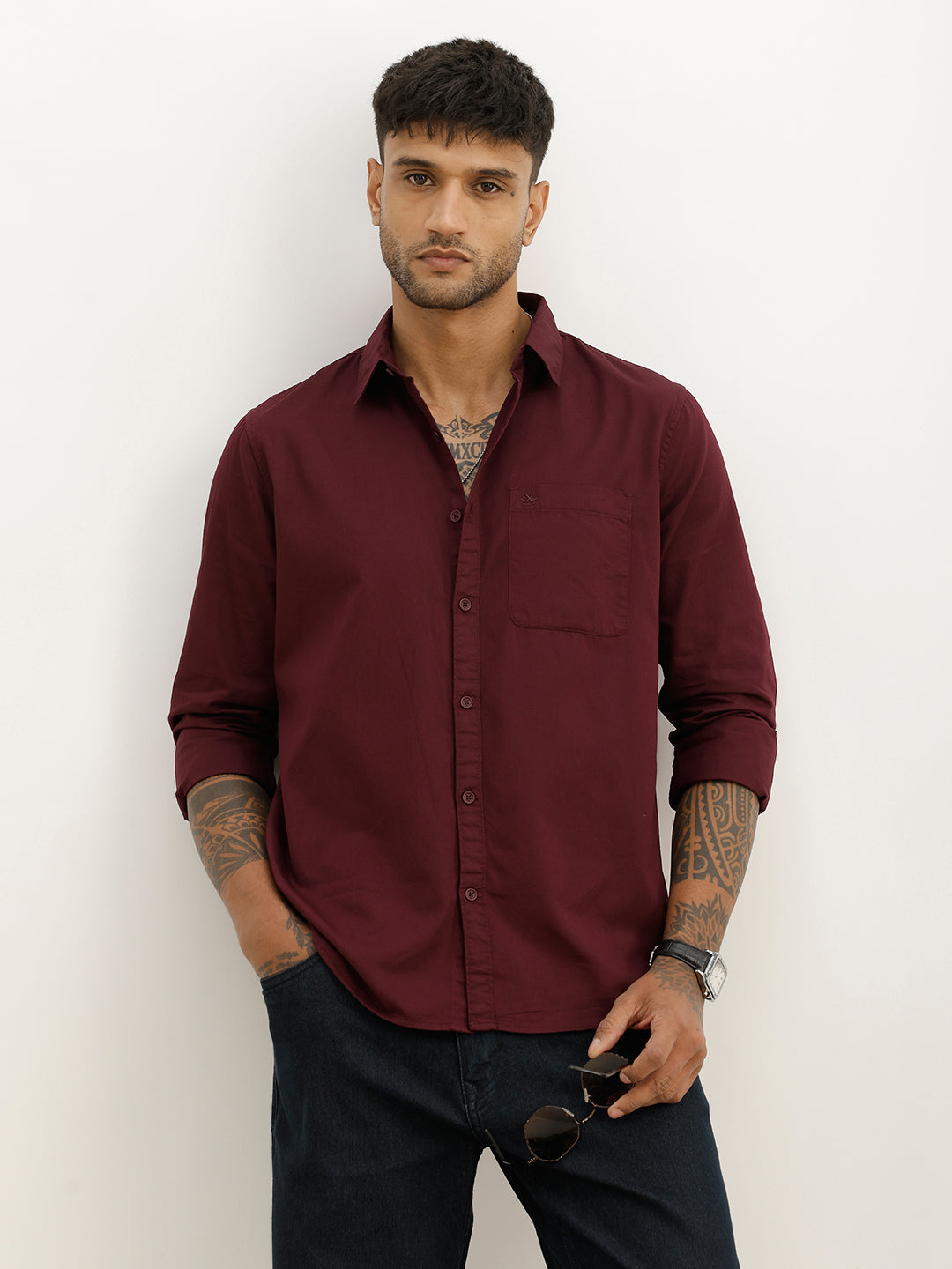Solid Slim Fit Full Sleeve Shirt | Wine