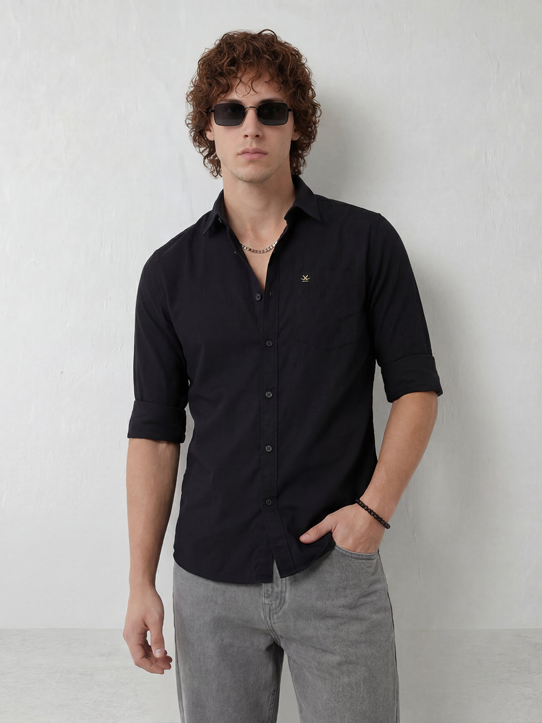 Solid Regular Fit Full Sleeve Shirt | Black