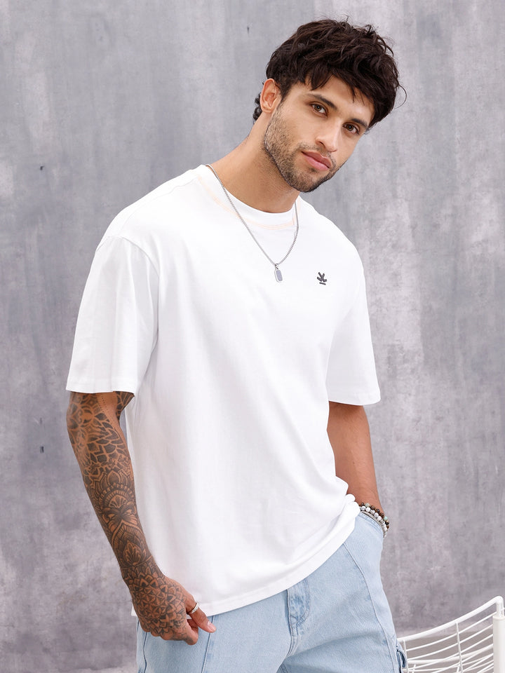 Flat Lock Stitch Detail Oversized Fit T-shirt With Hd Printed Logo | White