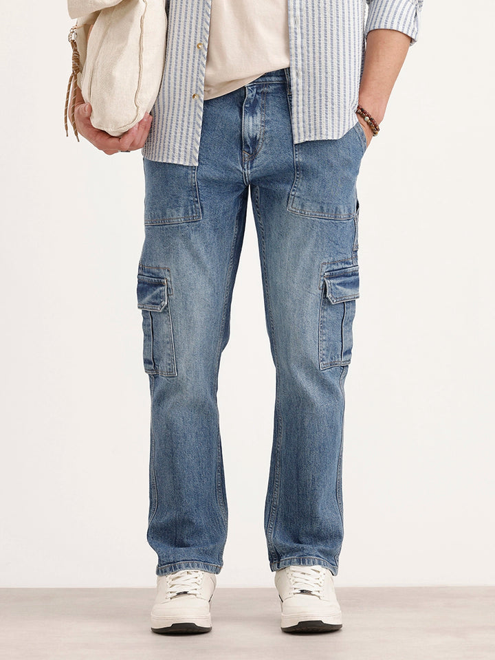 Relaxed Fit Cargo Denim Jeans | Blue