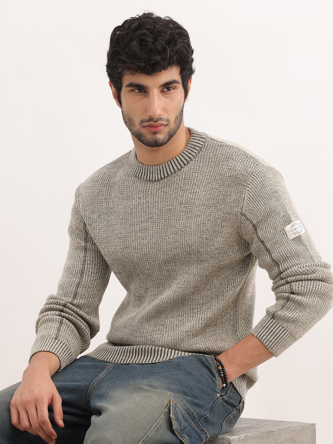 Solid Regular Fit Knitted Sweater | Beige