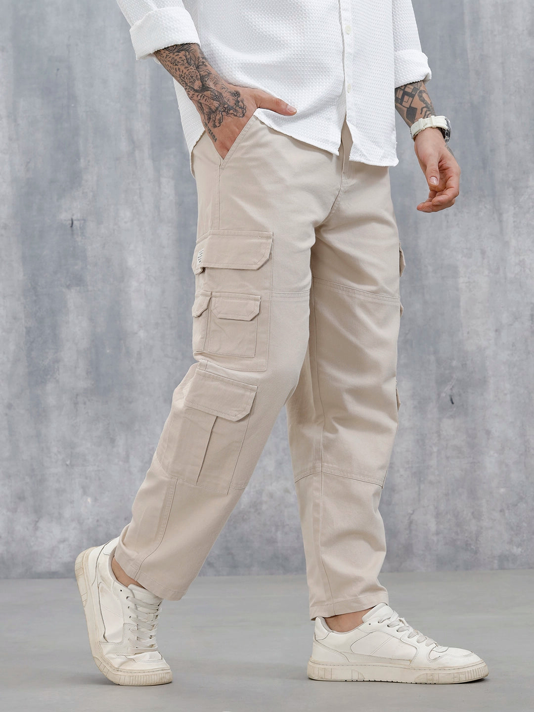 Men's Causal Relaxed Fit Utility Pockets Trousers | Cream