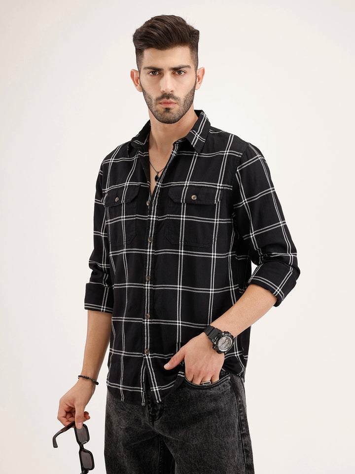 Slim Fit Double Pocket Checkered Shirt | Black