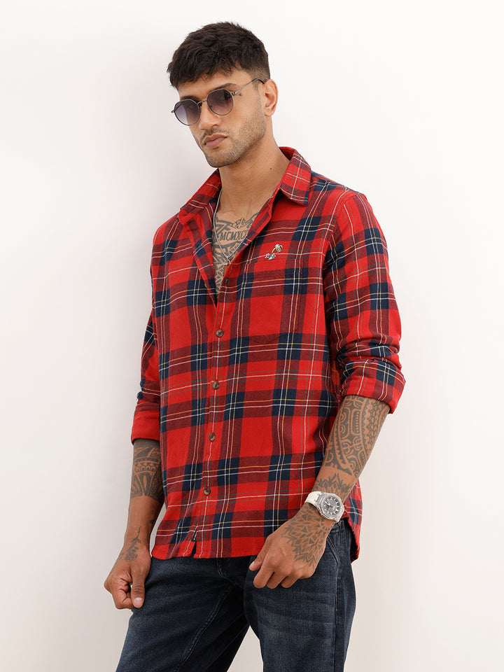 Slim Embroidery Detail Checkered Shirt | Red