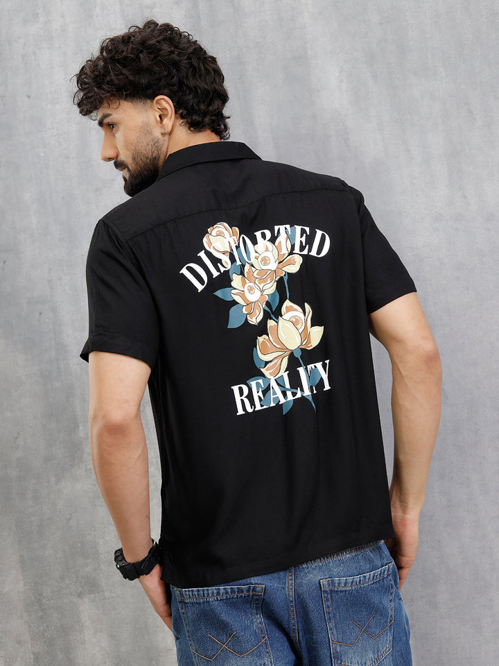 Fluid Resort Collar Shirt With Surreal Back Print | Black