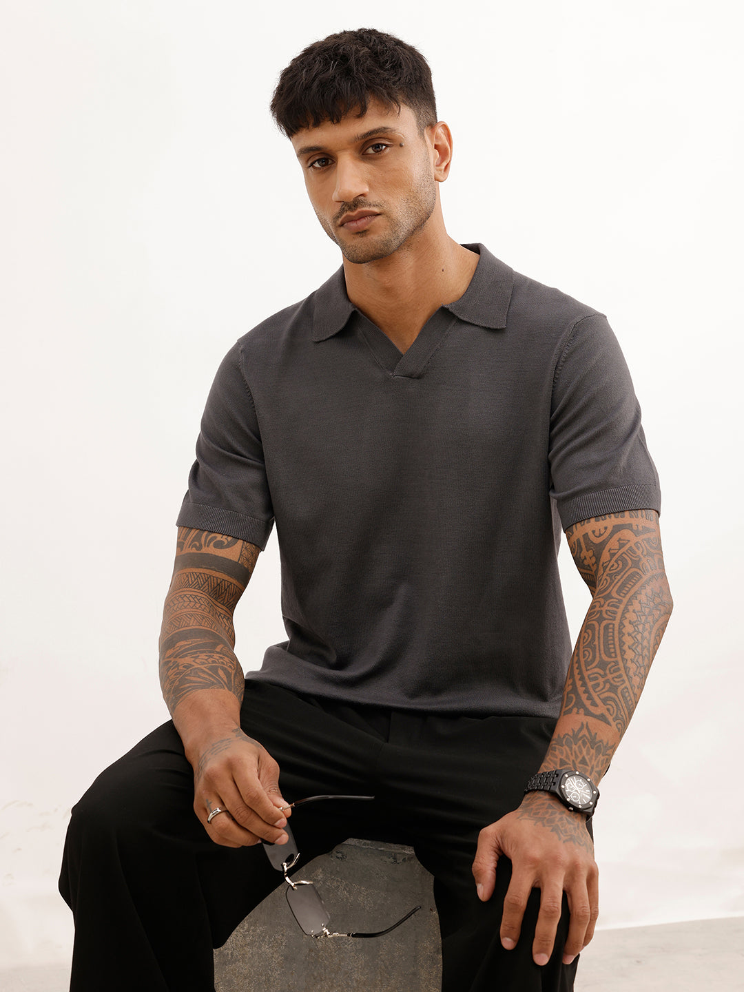 Solid Slim Fit Flatknit Polo T-Shirt | Dark Grey | WPT02HSSL1623S